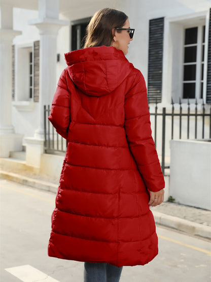 Puffers- Solid Hooded Longline Puffer Coat Jacket for Urban Winters- - Pekosa Women Clothing