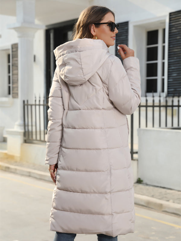 Puffers- Solid Hooded Longline Puffer Coat Jacket for Urban Winters- - Pekosa Women Clothing