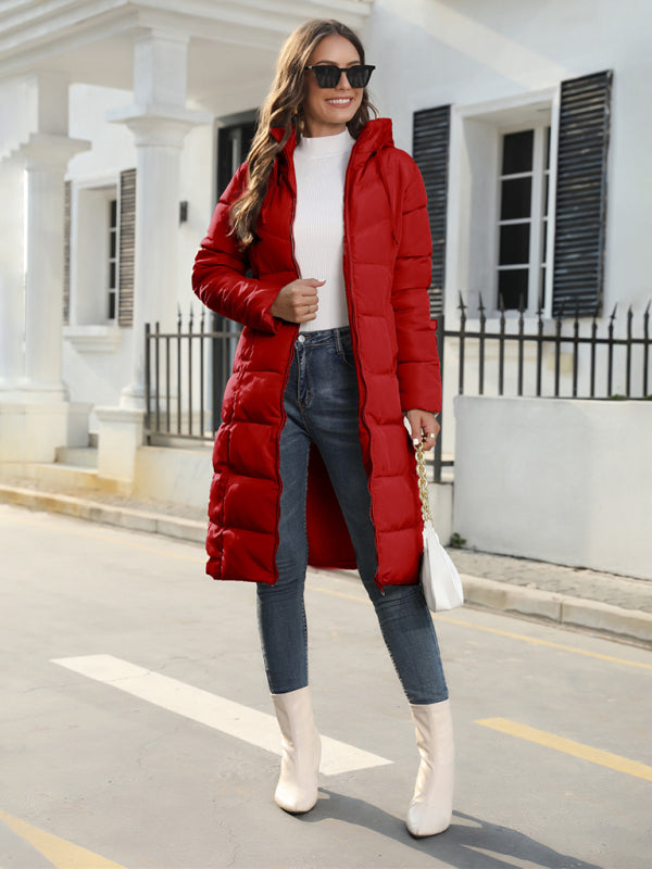 Puffers- Solid Hooded Longline Puffer Coat Jacket for Urban Winters- - Pekosa Women Clothing