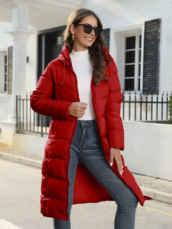 Puffers- Solid Hooded Longline Puffer Coat Jacket for Urban Winters- Red- Pekosa Women Clothing