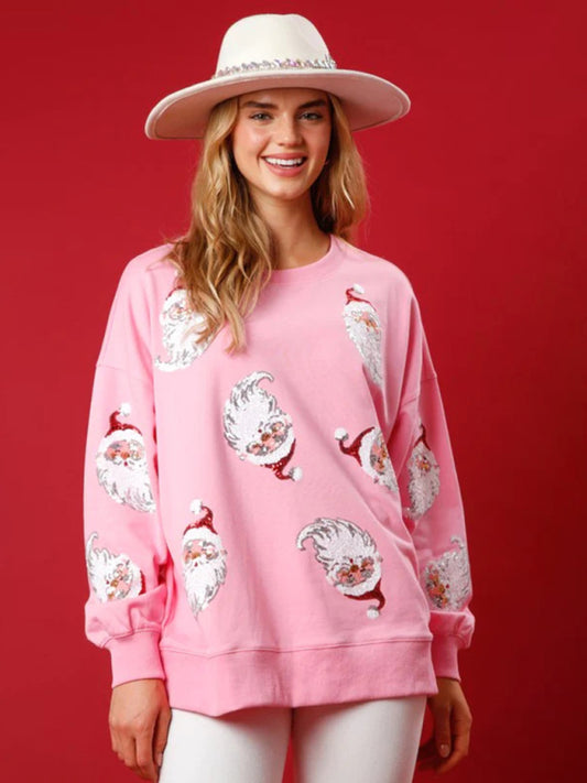 Pullover- Sequin Santa Pullover - Festive Patchwork Christmas Sweatshirt- Pink- Pekosa Women Clothing
