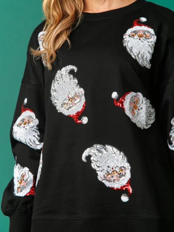 Pullover- Sequin Santa Pullover - Festive Patchwork Christmas Sweatshirt- - Pekosa Women Clothing