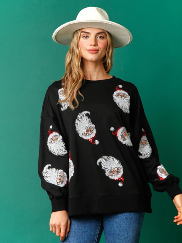 Pullover- Sequin Santa Pullover - Festive Patchwork Christmas Sweatshirt- - Pekosa Women Clothing