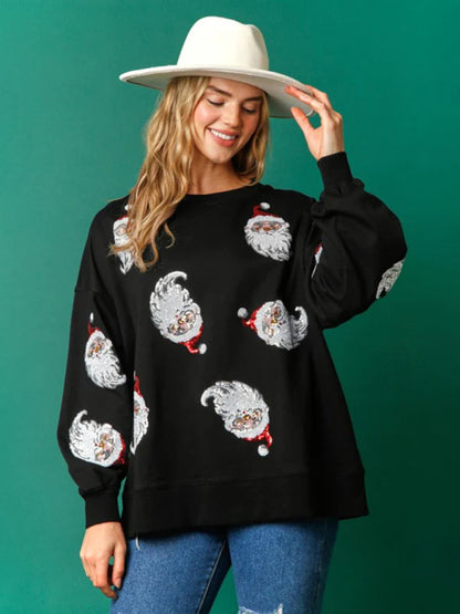 Pullover- Sequin Santa Pullover - Festive Patchwork Christmas Sweatshirt- Black- Pekosa Women Clothing