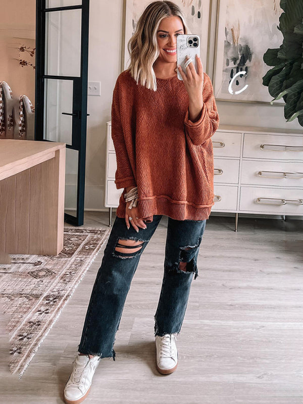 Pullover- Slouchy Rust-Textured Oversized Knitwear- - Pekosa Women Clothing