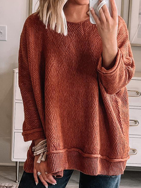 Pullover- Slouchy Rust-Textured Oversized Knitwear- Orange- Pekosa Women Clothing