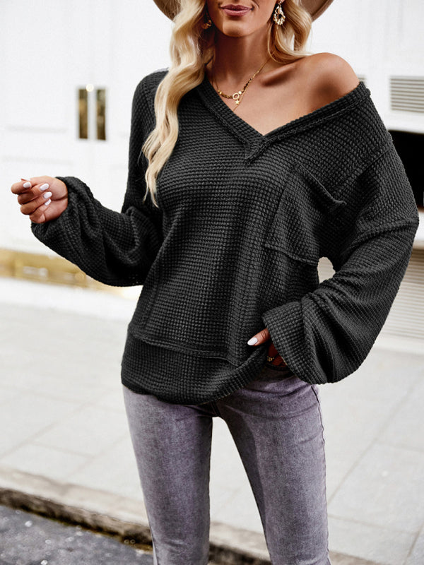 Pullover- Trendy Loose Sweater Pullover: V Neck with Waffle Texture & Pocket- - Pekosa Women Clothing