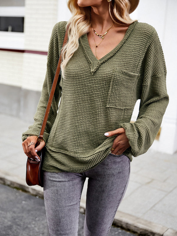 Pullover- Trendy Loose Sweater Pullover: V Neck with Waffle Texture & Pocket- - Pekosa Women Clothing