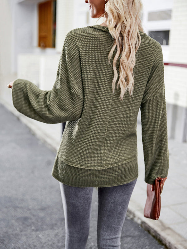 Pullover- Trendy Loose Sweater Pullover: V Neck with Waffle Texture & Pocket- - Pekosa Women Clothing