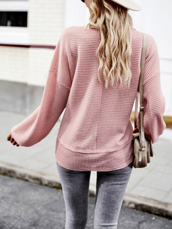 Pullover- Trendy Loose Sweater Pullover: V Neck with Waffle Texture & Pocket- - Pekosa Women Clothing