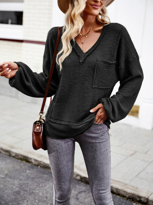 Pullover- Trendy Loose Sweater Pullover: V Neck with Waffle Texture & Pocket- - Pekosa Women Clothing