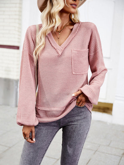 Pullover- Trendy Loose Sweater Pullover: V Neck with Waffle Texture & Pocket- - Pekosa Women Clothing