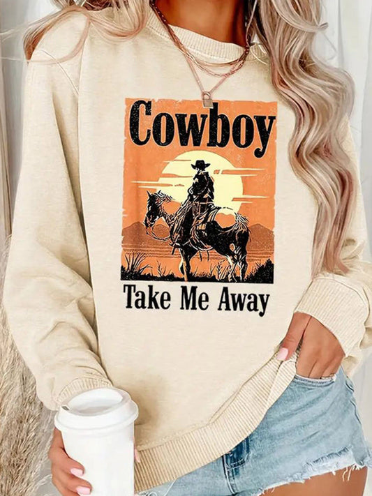 Pullovers- Cowboy Print Sweatshirt | Sport Solid Crewneck Pullover- Cracker khaki- Pekosa Women Clothing