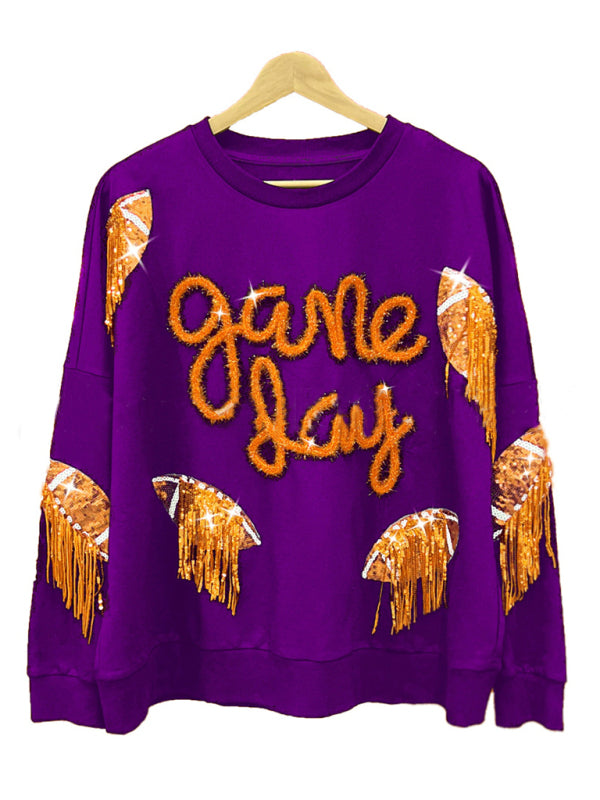 Pullovers- Sparkle Fringe Patchwork Rugby Theme Pullover - Sweatshirt for Game Days- Purple- Pekosa Women Clothing