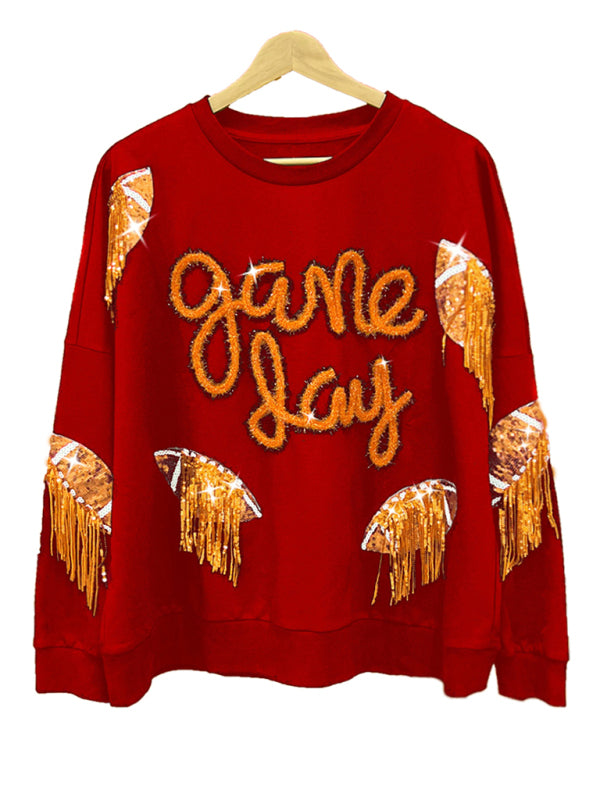 Pullovers- Sparkle Fringe Patchwork Rugby Theme Pullover - Sweatshirt for Game Days- Orange- Pekosa Women Clothing