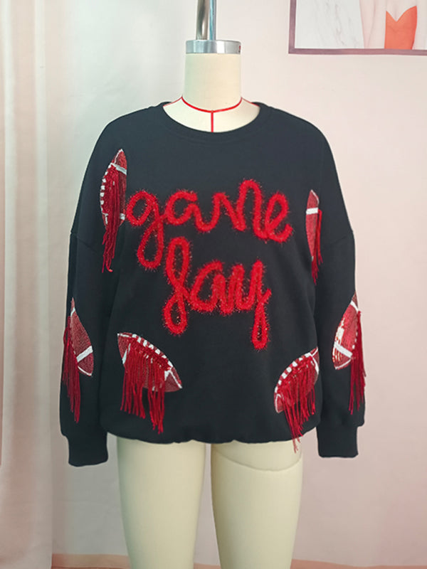 Pullovers- Sparkle Fringe Patchwork Rugby Theme Pullover - Sweatshirt for Game Days- - Pekosa Women Clothing