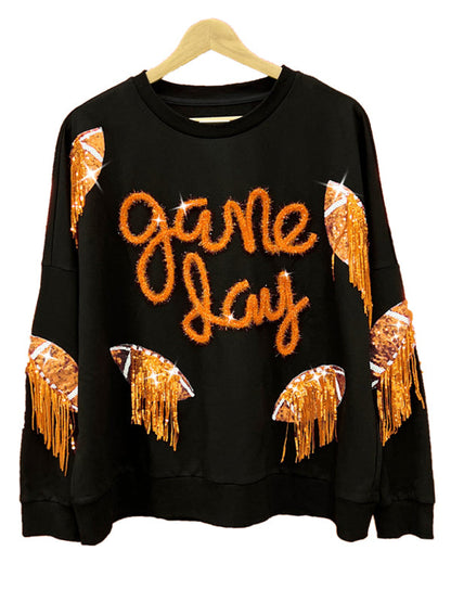 Pullovers- Sparkle Fringe Patchwork Rugby Theme Pullover - Sweatshirt for Game Days- Black- Pekosa Women Clothing