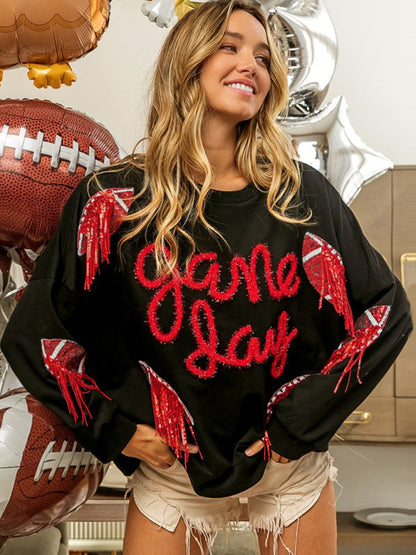 Pullovers- Sparkle Fringe Patchwork Rugby Theme Pullover - Sweatshirt for Game Days- Red- Pekosa Women Clothing