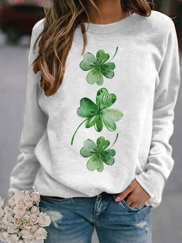 Pullovers- St. Patrick's Four-Leaf Clover Sweatshirt- White- Pekosa Women Clothing