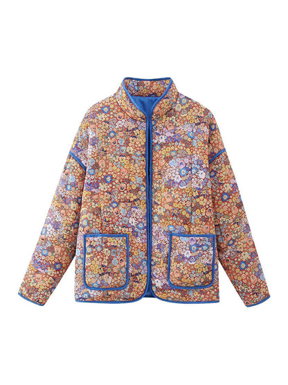 Quilted Jackets- Autumn Floral Print Drop Shoulder Quilted Jacket- Pattern- Pekosa Women Clothing