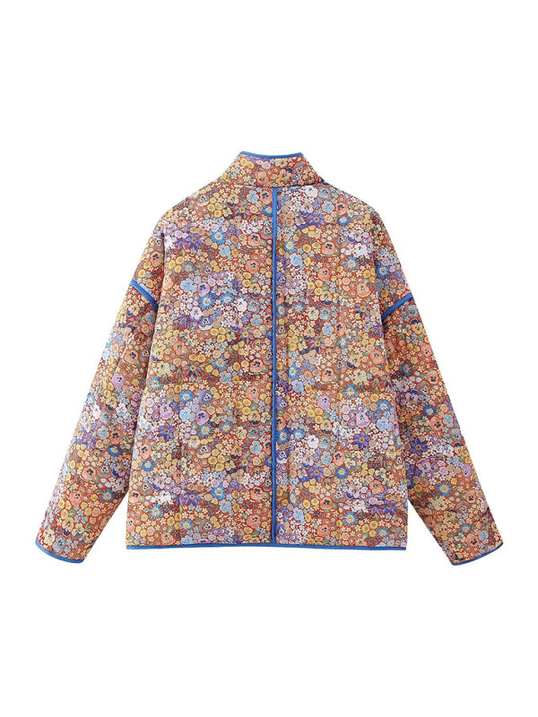 Quilted Jackets- Autumn Floral Print Drop Shoulder Quilted Jacket- - Pekosa Women Clothing