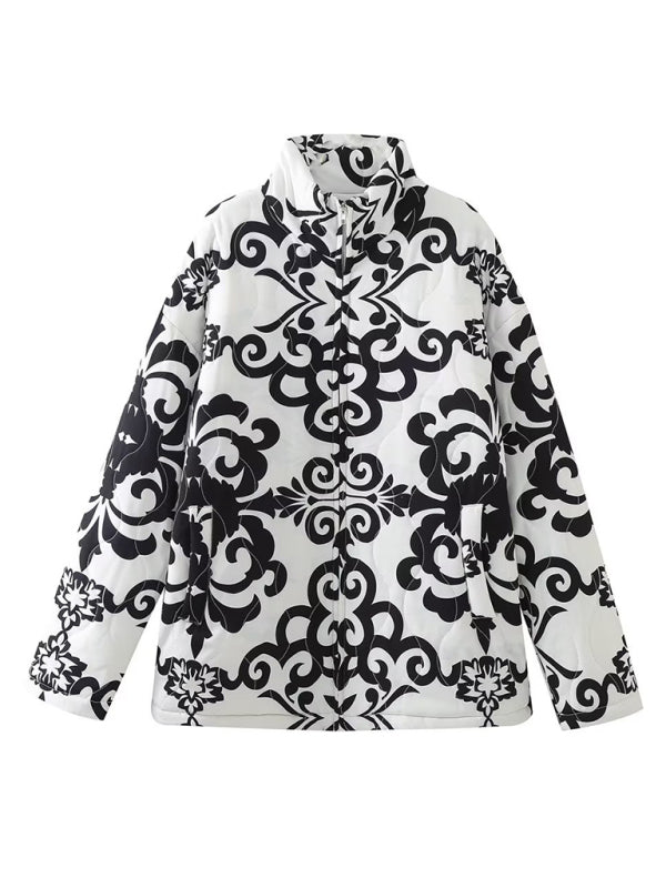 Quilted Jackets- Cozy Black Floral Print Quilted Oversized Jacket- - Pekosa Women Clothing