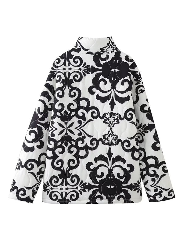 Quilted Jackets- Cozy Black Floral Print Quilted Oversized Jacket- - Pekosa Women Clothing