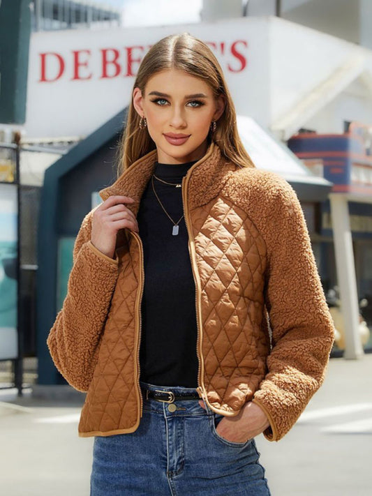 Quilted Jackets- Cozy Patched Plush Zip-Up Quilted Jacket- Camel- Pekosa Women Clothing