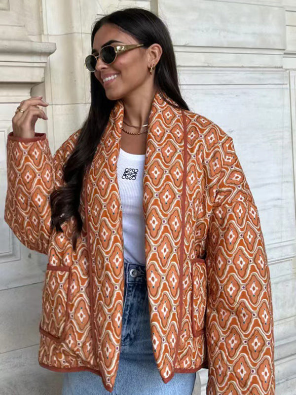 Quilted Jackets- Cozy Winter Abstract Print Shawl Collar Quilted Jacket- Orange Red- Pekosa Women Clothing