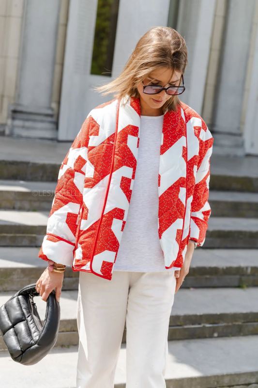 Quilted Jackets- Floral Print Shawl Lapel Open Front Quilted Jacket- Red- Pekosa Women Clothing