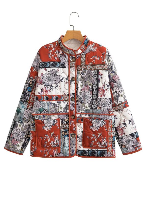 Quilted Jackets- Nature-Inspired Print High Neck Quilted Jacket Perfect for Fall- Red- Pekosa Women Clothing