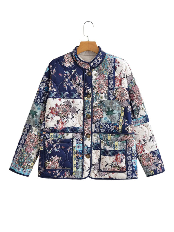 Quilted Jackets- Nature-Inspired Print High Neck Quilted Jacket Perfect for Fall- - Pekosa Women Clothing