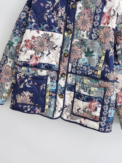 Quilted Jackets- Nature-Inspired Print High Neck Quilted Jacket Perfect for Fall- - Pekosa Women Clothing