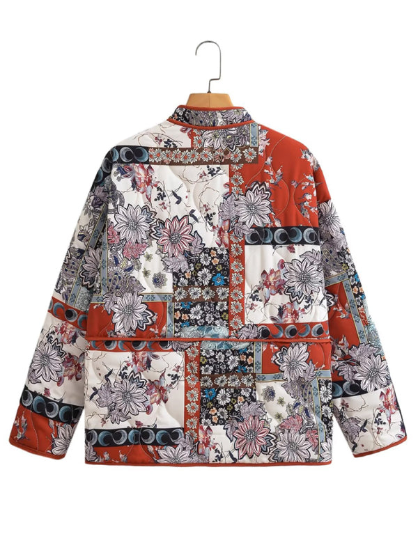 Quilted Jackets- Nature-Inspired Print High Neck Quilted Jacket Perfect for Fall- - Pekosa Women Clothing