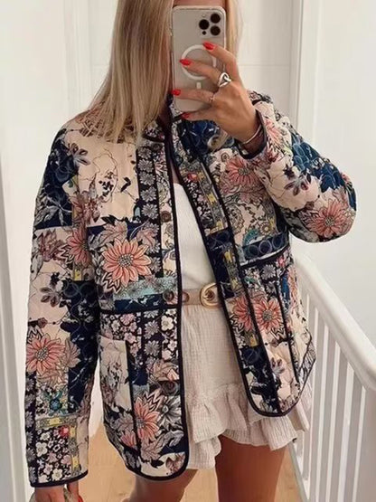 Quilted Jackets- Nature-Inspired Print High Neck Quilted Jacket Perfect for Fall- Blue- Pekosa Women Clothing