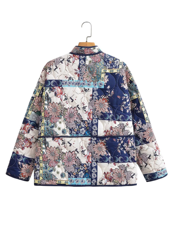 Quilted Jackets- Nature-Inspired Print High Neck Quilted Jacket Perfect for Fall- - Pekosa Women Clothing