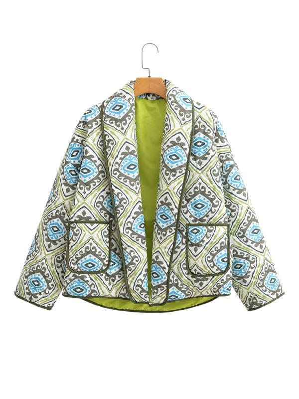 Quilted Jackets- Oversized Shawl Lapel Open Front Quilted Jacket with Floral Print and Contrast Binding- Pale green- Pekosa Women Clothing