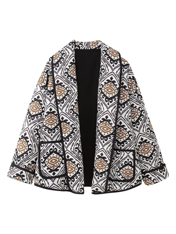 Quilted Jackets- Oversized Shawl Lapel Open Front Quilted Jacket with Floral Print and Contrast Binding- Grey- Pekosa Women Clothing