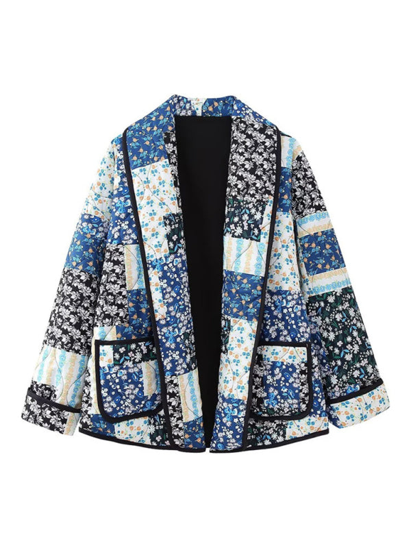 Quilted Jackets- Oversized Shawl Lapel Open Front Quilted Jacket with Floral Print and Contrast Binding- - Pekosa Women Clothing