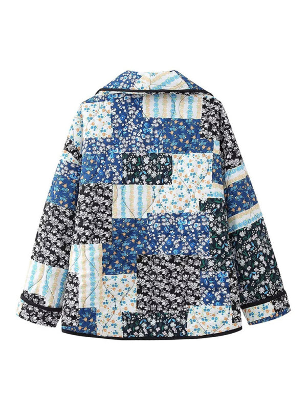 Quilted Jackets- Oversized Shawl Lapel Open Front Quilted Jacket with Floral Print and Contrast Binding- - Pekosa Women Clothing