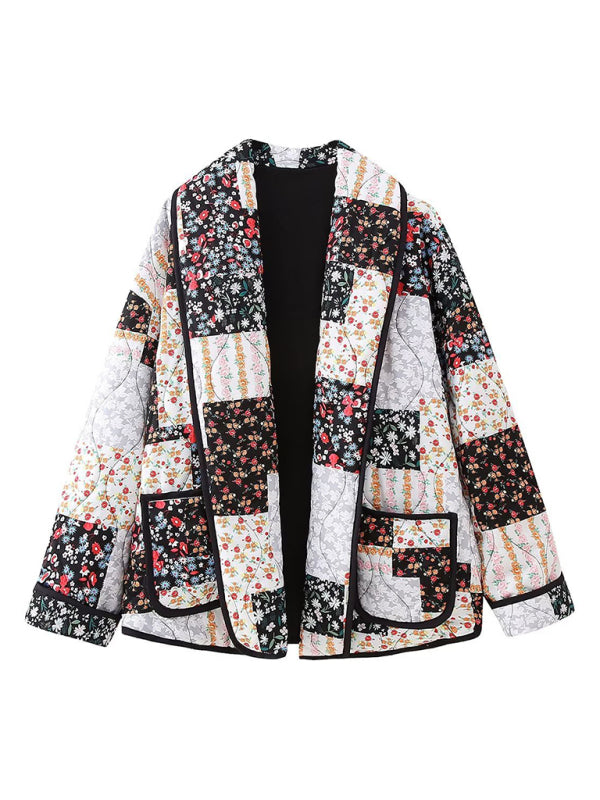 Quilted Jackets- Oversized Shawl Lapel Open Front Quilted Jacket with Floral Print and Contrast Binding- Brick red- Pekosa Women Clothing