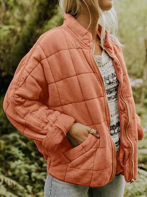 Quilted Jackets- Solid Cotton Blend High Neck Zip-Up Quilted Jacket- Brick red- Pekosa Women Clothing