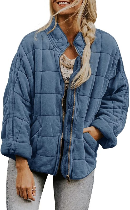 Quilted Jackets- Solid Cotton Blend High Neck Zip-Up Quilted Jacket- Blue grey- Pekosa Women Clothing