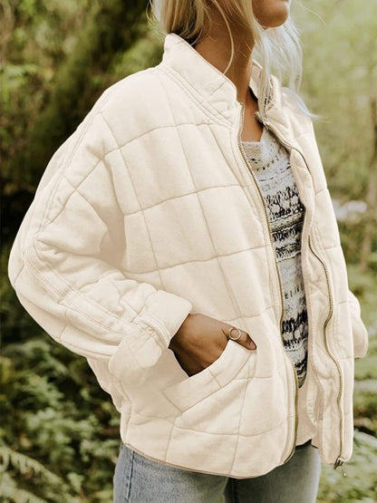Quilted Jackets- Solid Cotton Blend High Neck Zip-Up Quilted Jacket- Cracker khaki- Pekosa Women Clothing