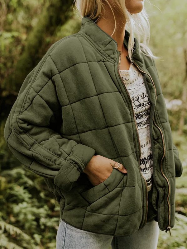 Quilted Jackets- Solid Cotton Blend High Neck Zip-Up Quilted Jacket- Olive green- Pekosa Women Clothing