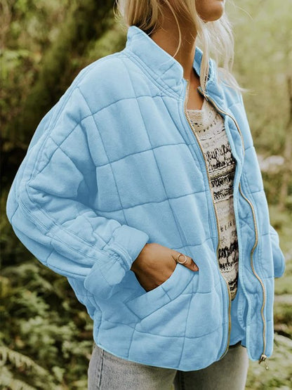 Quilted Jackets- Solid Cotton Blend High Neck Zip-Up Quilted Jacket- Clear blue- Pekosa Women Clothing