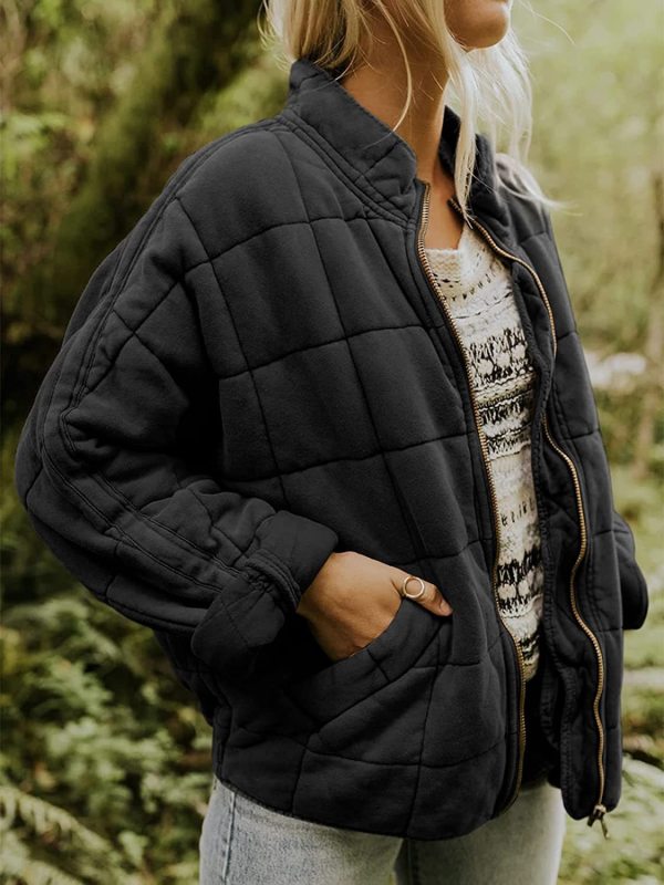 Quilted Jackets- Solid Cotton Blend High Neck Zip-Up Quilted Jacket- Black- Pekosa Women Clothing
