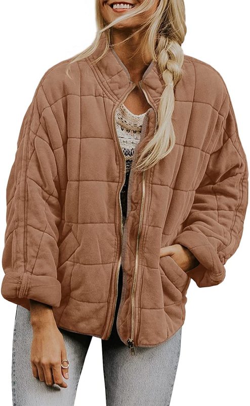 Quilted Jackets- Solid Cotton Blend High Neck Zip-Up Quilted Jacket- Brown- Pekosa Women Clothing