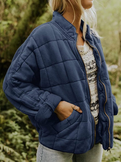Quilted Jackets- Solid Cotton Blend High Neck Zip-Up Quilted Jacket- Purplish blue navy- Pekosa Women Clothing