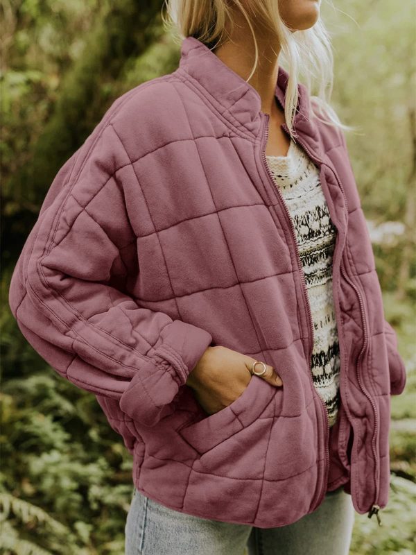 Quilted Jackets- Solid Cotton Blend High Neck Zip-Up Quilted Jacket- Pink- Pekosa Women Clothing